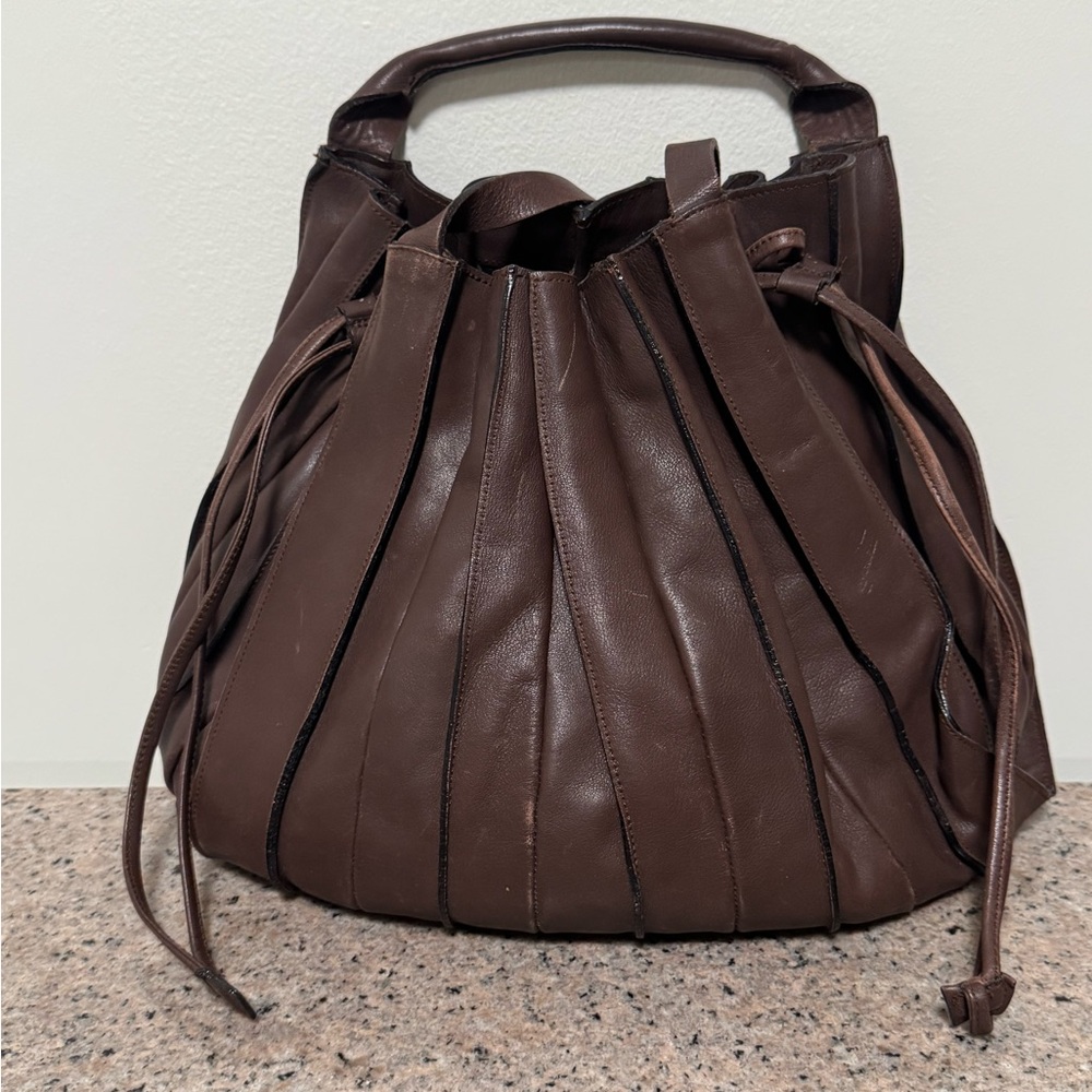 LUPO Barcelona Brown Leather Pleated‎ Backpack/ handbag